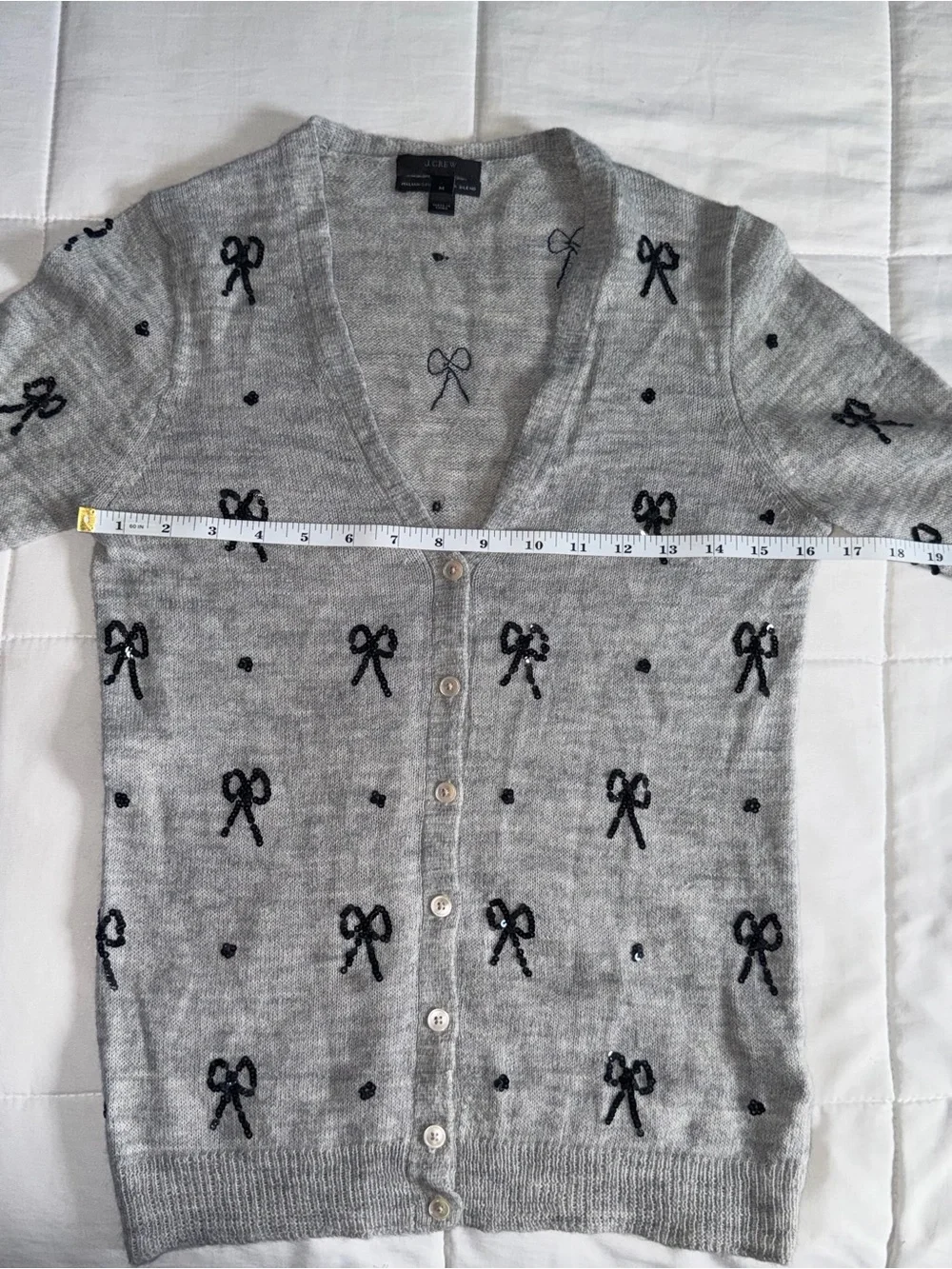 J Crew Gray V-Neck Cardigan with Black Sequin Bows- Medium